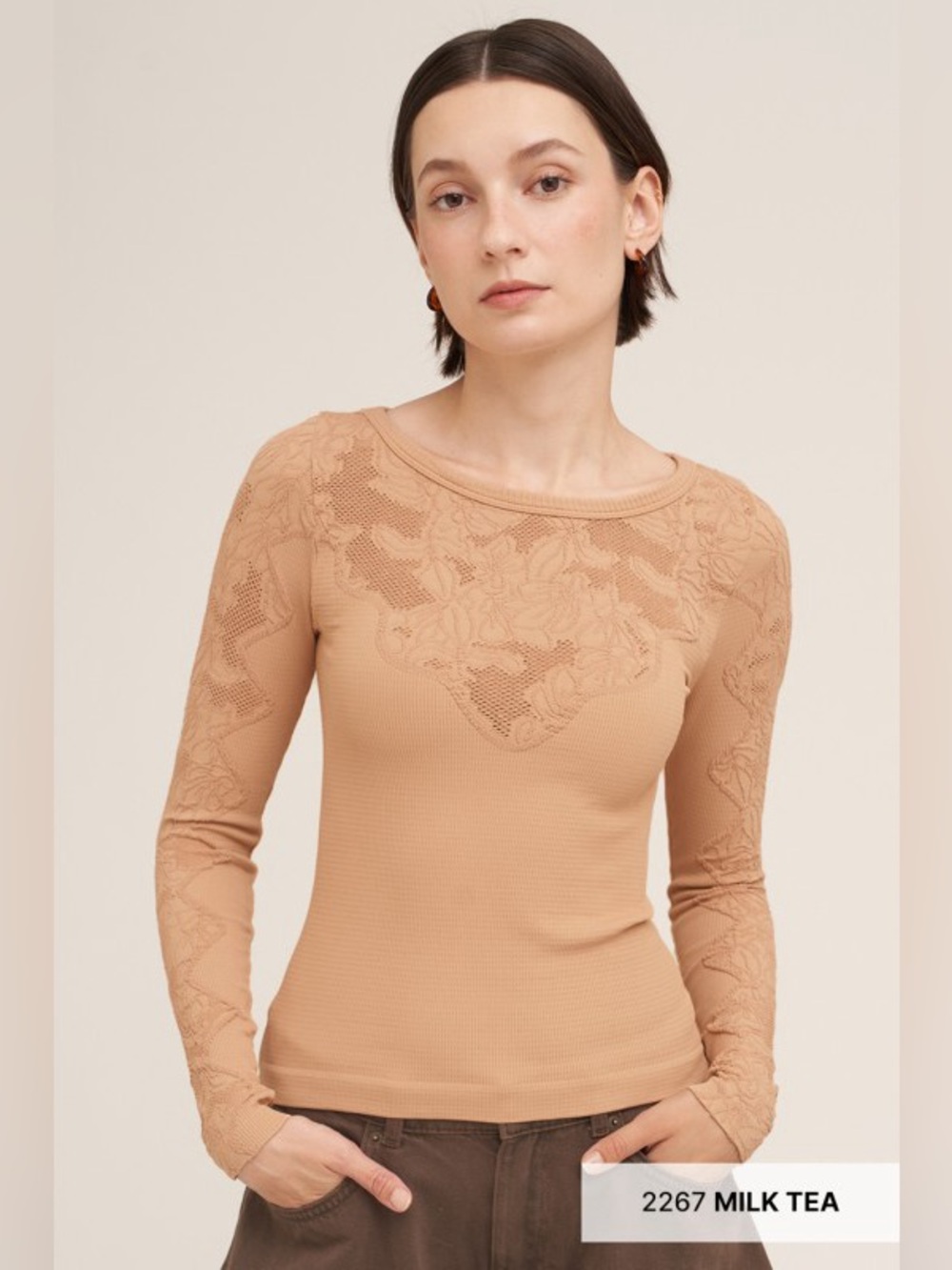 NIKIBIKI Floral Lace Long Sleeve Ribbed Top – Milk Tea